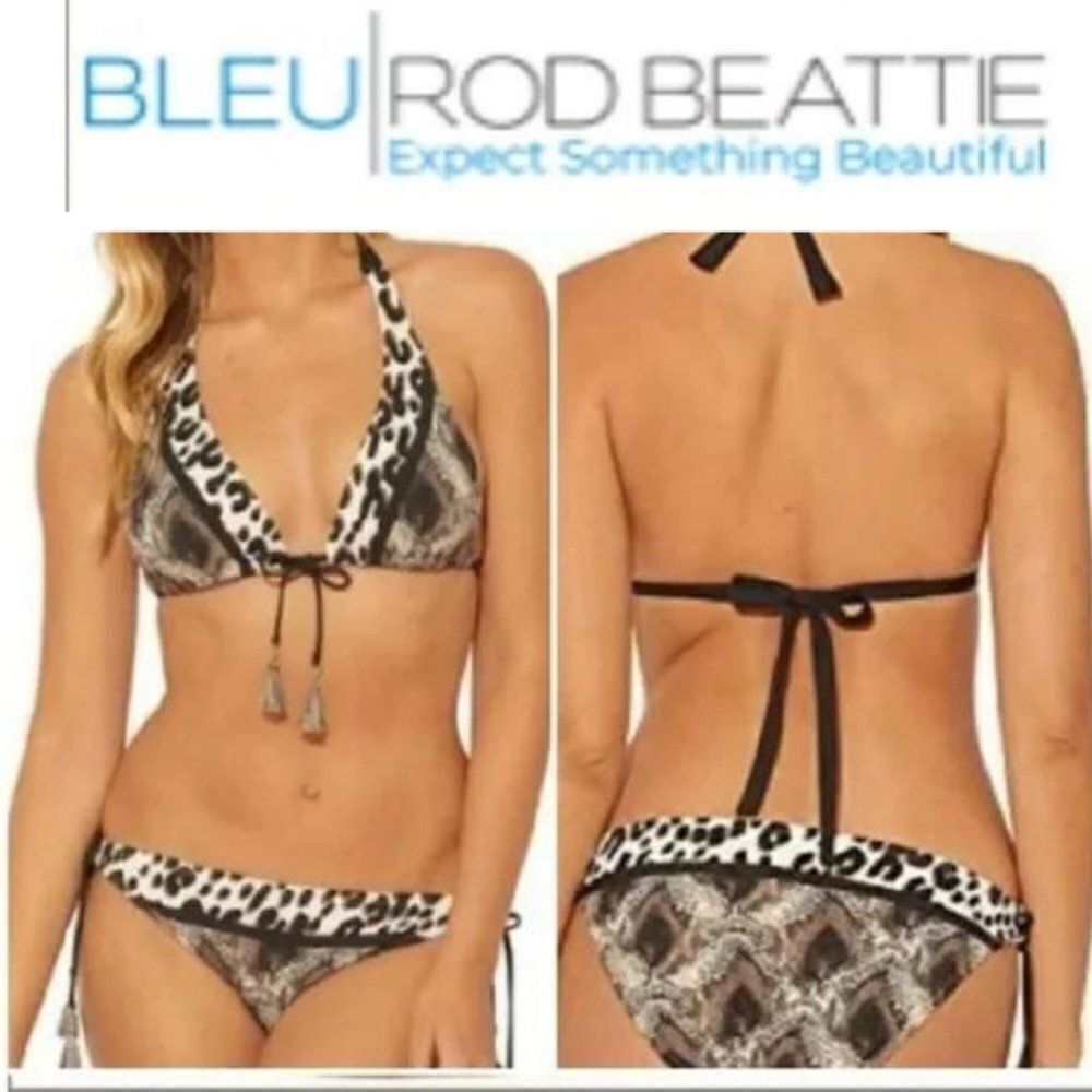 Bleu Rod Beattie Animal Print Triangle Bikini Top Tie Side Hipster Botto…